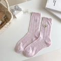 Chaussettes roses avec broderie ours, tricot résille respirant et bordure à volants - Rose