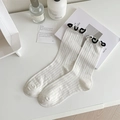 Japanese style white crew socks with black ruffled edges and breathable diamond mesh texture - One Size / White