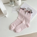 Pink hollow knit crew socks with vibrant orange and black ruffle cuffs for a sweet style - One Size / Pink
