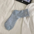 Light blue crew socks for women featuring nep yarn texture and sweet white ribbon bow - One Size / Blue