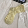 Light yellow crew socks with colorful nep yarn, white bow embroidery and ruffled edges - One Size / Yellow