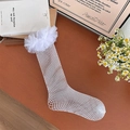 Lolita style white fishnet thigh high stockings with elegant lace trim details - One Size / White