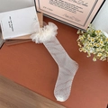 White Lolita fishnet stockings featuring delicate double-layered ruffled mesh lace trim - One Size / Beige