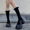Schwarze Lolita-Wadenstrümpfe mit Spitzenbesatz und Mary Jane Plateau-Schuhen im Japan-Stil - Einheitsgröße / Schwarz