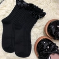 Calze nere stile Lolita con bordo in nastro di raso e trama a costine verticali - Taglia unica / Nero