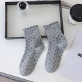 Light gray mid-calf socks with black polka dots and delicate ruffle trim edge - One Size / Polka Dot Light Grey