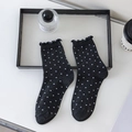 Japanese style black crew socks with white polka dots and lettuce edge trim for women - One Size / Polka Dot Dark Grey