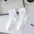 Japanese style white crew socks with ruffle trim and polka dot pattern for women - One Size / Solid White