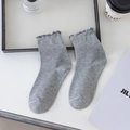 Japanese style grey mid-calf socks featuring elegant ruffle trim and polka dot pattern - One Size / Solid Light Grey