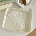 Elegant white cotton ankle socks with delicate lace trim and vertical knit texture - One Size / Creamy White