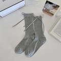 Grey ribbed mid-calf socks with elegant ribbon bows for a sweet ballet style look - Gray