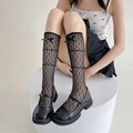 Black lace mesh calf socks with ribbon bows and Mary Jane shoes in Japanese style - One Size / Black