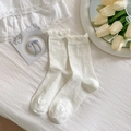 Cream white mid-calf socks with delicate bow jacquard patterns and ruffled edges - Creamy White