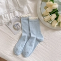 Sweet light blue lace crew socks with white bow jacquard and frill trim details - Blue