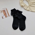 Chaussettes mi-mollet noires douces avec bordure en dentelle double et motifs de vagues - Taille unique / Noir