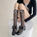 Black lace mesh calf socks with white bows and black patent Mary Jane shoes - One Size / Black With White Bow