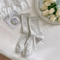 Light gray cotton mid-calf socks with bow patterns and ruffled cuffs in sweet girl style - Light Gray