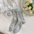 Light gray cotton socks with light blue ruffle trim and bow embroidery detail - Dark Gray