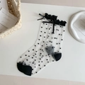 Weiße transparente Polka-Dot-Netzsocken mit schwarzem Rüschenrand und Schleifendetail - Einheitsgröße / Schwarz