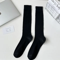 Classic black ribbed calf socks with elastic cuffs for a minimalist daily outfit - Black Wide Ribbed Long