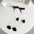 Sheer white crew socks with black contrast toe and heel and ribbon bow accents - One Size / Black