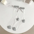 White sheer mesh mid-calf socks with grey bow detail and knit accents for women - One Size / Gray