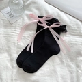 Calze nere Lolita a metà polpaccio con pizzo e nastri decorativi in seta rosa - Nero con Fiocco Rosa