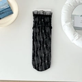 Elegant black lace socks with ruffle cuffs and wavy mesh texture for women - One Size / Black with Floral