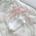 Calze bianche Lolita con bordo in pizzo e fiocchi di seta rosa in stile principessa - Base Bianca Fiocco Rosa