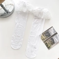 Lolita style white sheer mid-calf socks with elegant wide lace trim for women - One Size / White