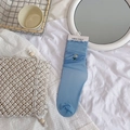 Light blue mesh socks featuring white daisy embroidery and delicate wavy lace edges - One Size / Blue