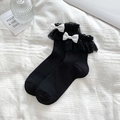 Calze Lolita nere in cotone con bordo in pizzo e dettagli con fiocco bianco raffinato - Taglia unica / Nero