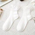 Sweet white mid-calf Lolita socks with double-layered organza ruffle lace trim - One Size / White