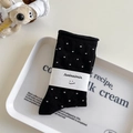 Japanese style black crew socks with white floral polka dots and rolled edges - Black