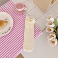 Japanese style cream mid-calf socks with elegant satin bows and velvet texture - One Size / Beige