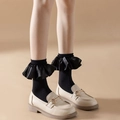 Japanese style black frilly socks with satin ribbon and heart buckle loafers - One Size / Black