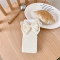 Creamy white lace mesh socks with large satin bow accent in a vintage Japanese style - Beige