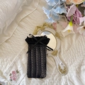 Sweet black lace mesh calf socks with ruffled edges and satin bow detail for women - One Size / Black