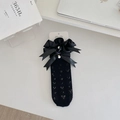 Calze nere a rete con cuori, fiocco di raso e ciondolo di perla per donna - Taglia unica / Nero