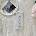 Jambières Lolita blanches avec dentelle délicate et nœuds en satin bleu clair - Taille unique / Fond Blanc Bleu