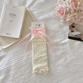Cream lolita lace arm sleeves featuring delicate pink ribbon bows in elegant layout - One Size / Beige Pink