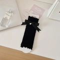 Sweet Lolita style black knit leg warmers with ribbon bow and pearl charm detail - One Size / Black