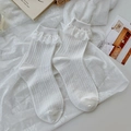 Sweet white mid-calf socks with delicate lace trim and vertical openwork texture - Striped White
