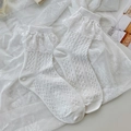 White Lolita-style cotton crew socks featuring elegant double-layered lace trims - Wave Pattern White