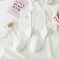 White cotton mid-calf socks with delicate pink cherry blossom floral embroidery - One Size / White