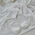 Sweet Lolita white mid-calf socks with delicate layered lace ruffles and ribbed texture - Full Vertical Stripes White