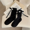 Black Lolita style knee-high socks with satin bows and silver star charms - One Size / 305 Black (with Star Pendant)