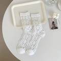 Sheer white floral glass silk socks with elegant wavy lace trim for a sweet summer look - White