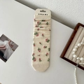 Cream knit mid-calf socks with delicate pink rose pattern and镂空heart details - One Size / Flower Pattern