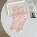 Pink sheer lace socks with delicate floral patterns and wavy vertical textures - Pink